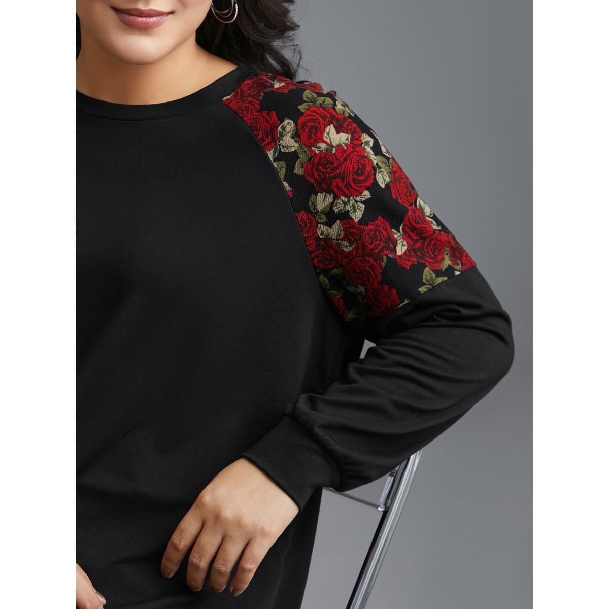 Plus Size Floral Raglan Sleeve Stretchy Fitted Sweatshirt Women Black Casual Contrast Round Neck Everyday Sweatshirts BloomChic 18-20/2X Product Image