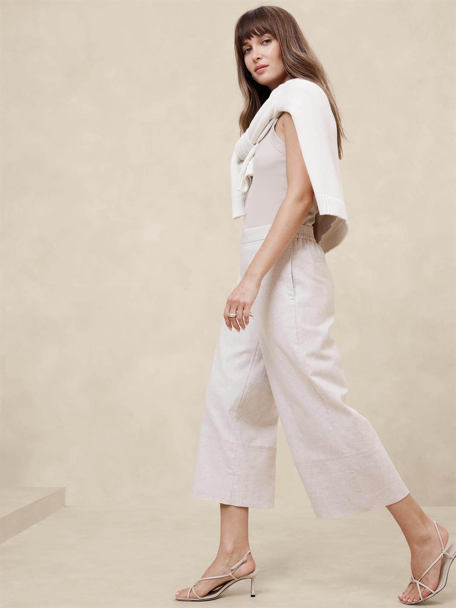 Wide-Leg Linen-Blend Cropped Pull-On Pant Product Image