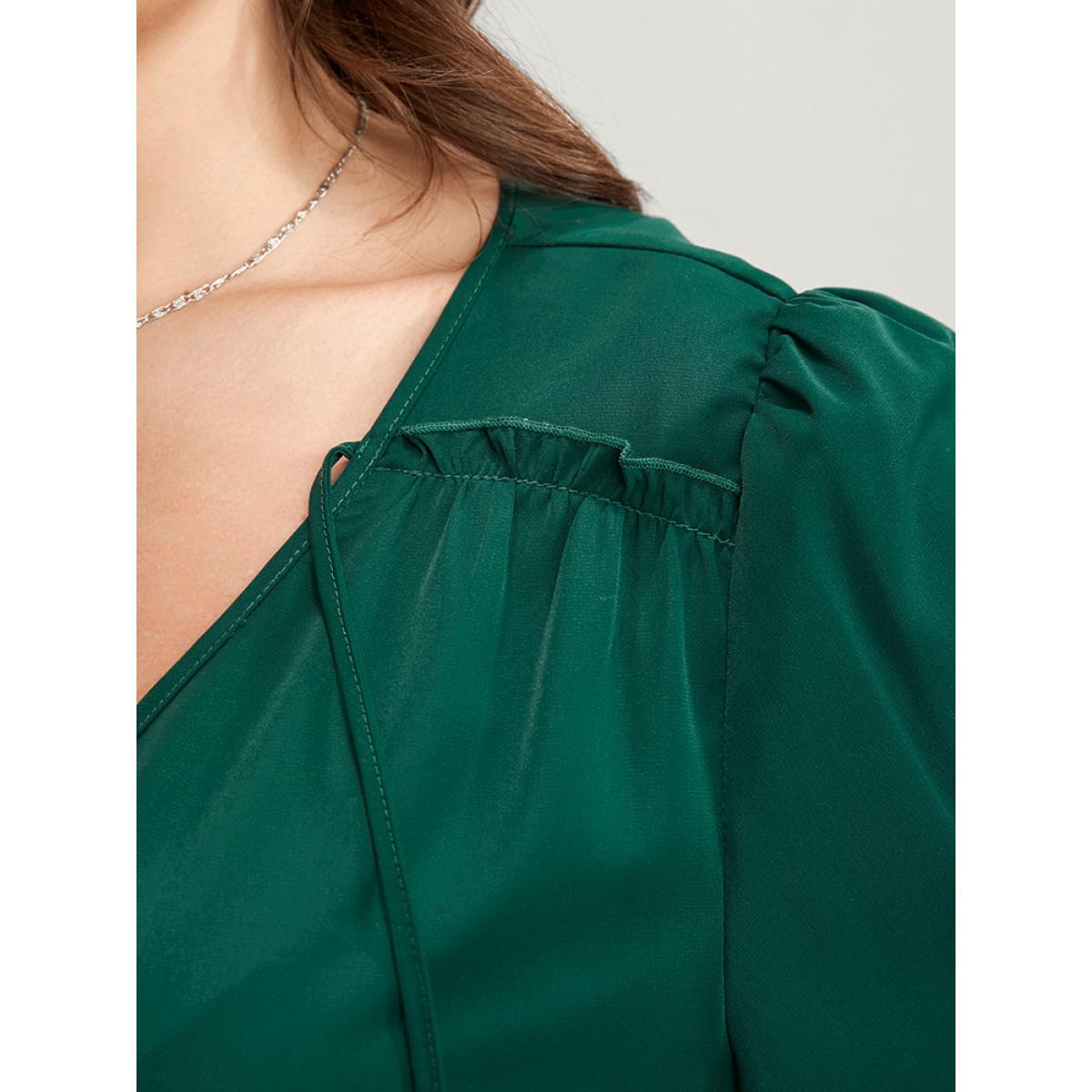 Plus Size Solid Pocket Shirred Tie V Neck Ruffle Hem Dress DarkGreen Women Elegant Cross straps V-neck Long Sleeve Curvy Midi Dress BloomChic 14-16/1X Product Image