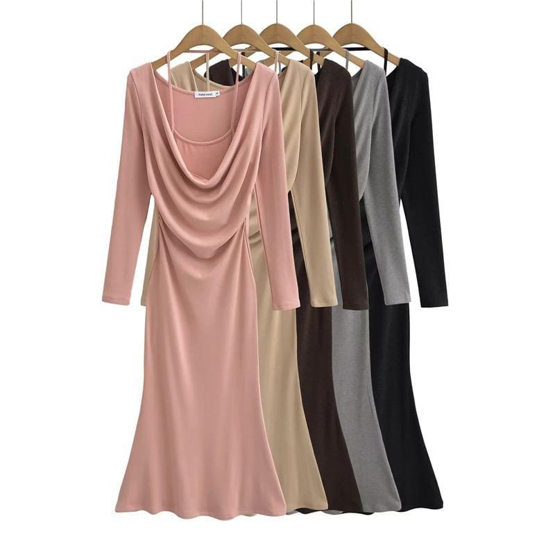 Mock Two-Piece Long-Sleeve Halter Cowl Neck Plain Midi Sheath Dress Product Image