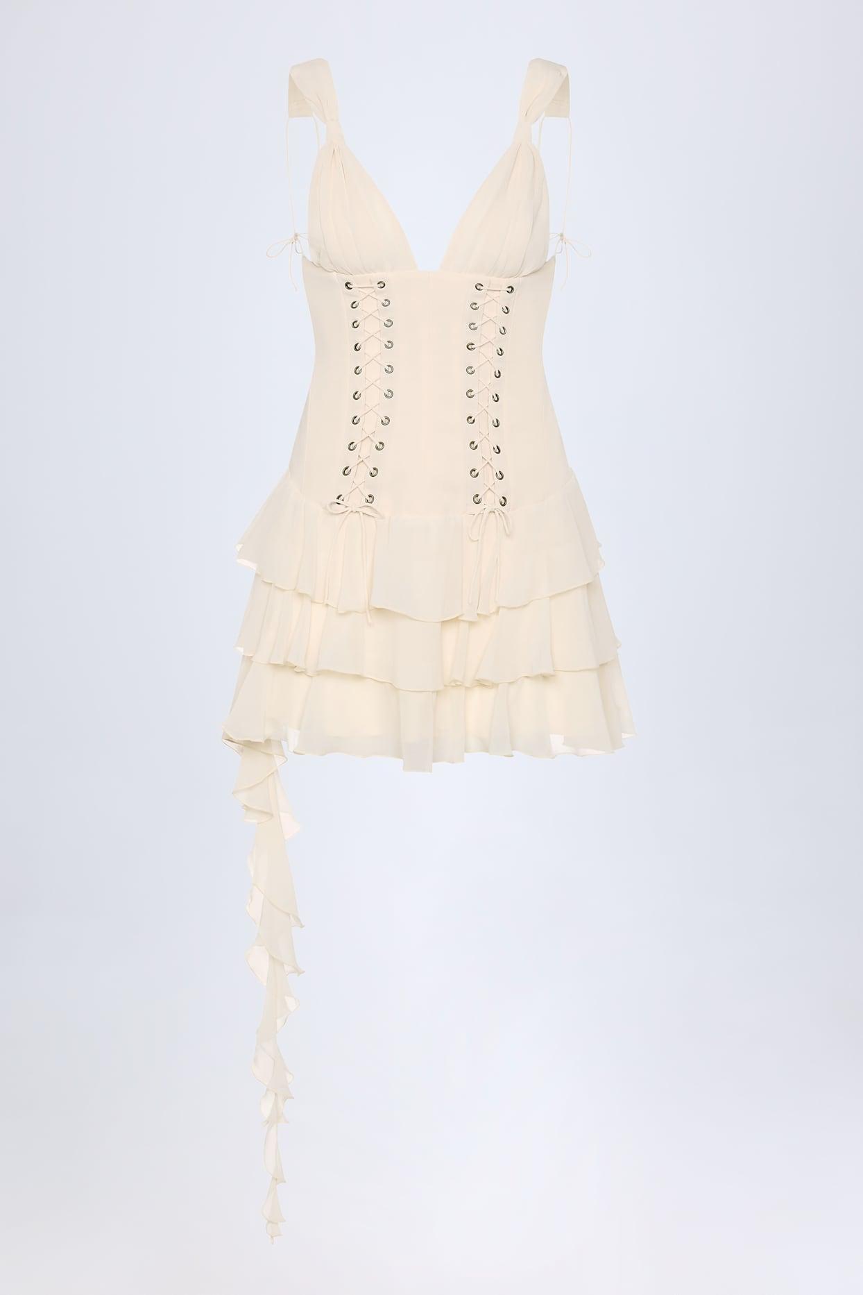 Lace-Up Ruffled Tiered Mini Dress in Ivory Product Image