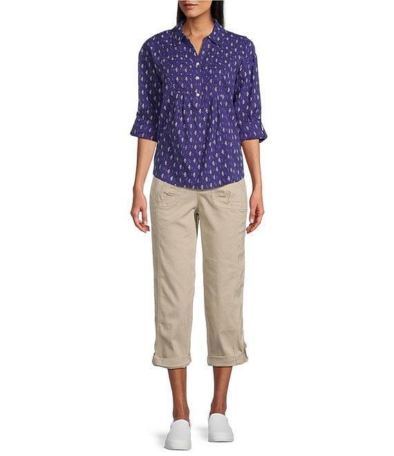 Westbound Orient Medallion Roll Tab 3/4 Sleeve Point Collar Henley Top Product Image