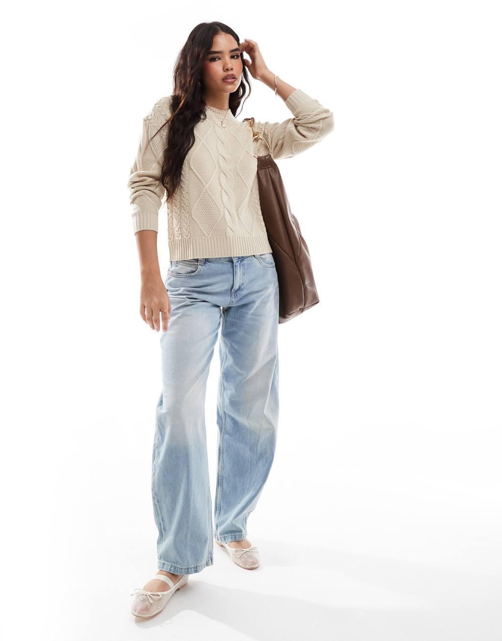 Vila round neck cable knit sweater in cream Product Image
