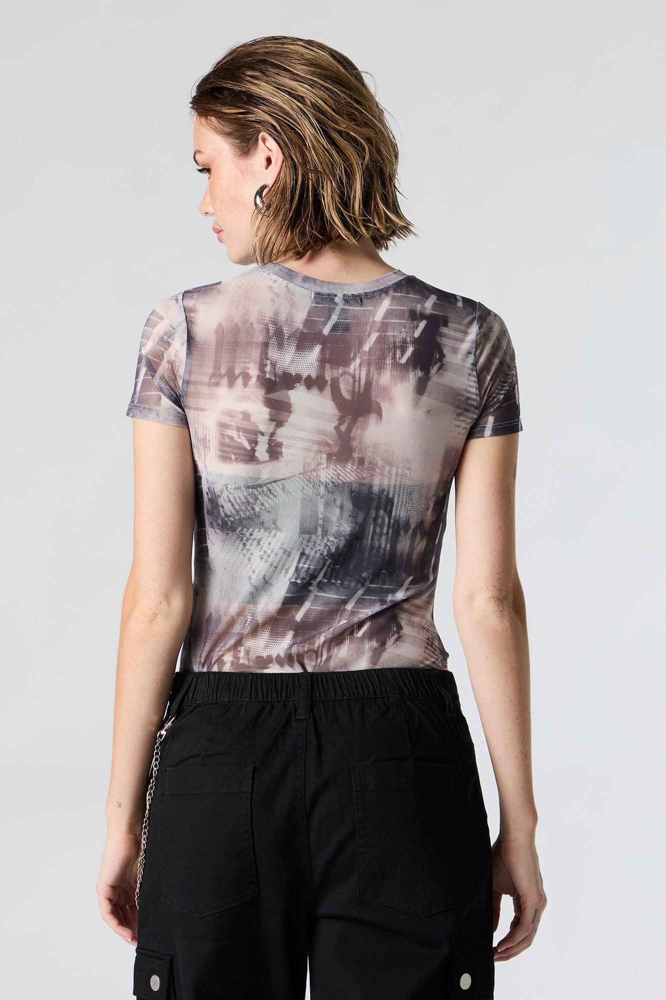 Abstract Print Mesh Short Sleeve Bodysuit Female Product Image