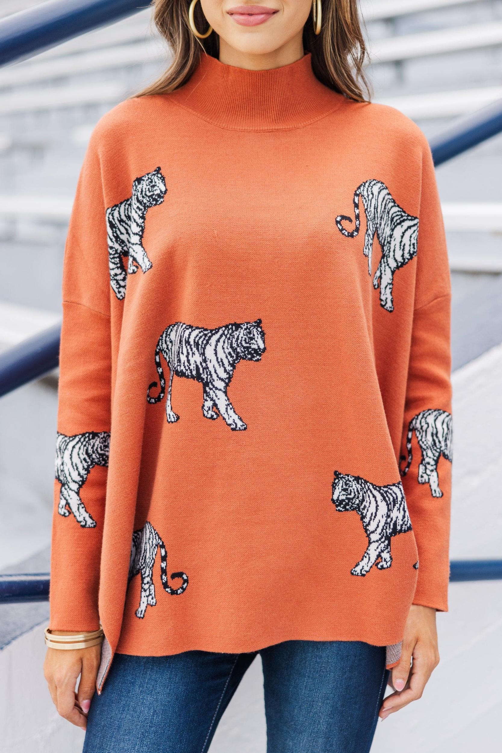 Quick Decisions Rust Orange Tiger Sweater Female Product Image
