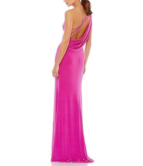 Mac Duggal Sleeveless One Shoulder Thigh High Slit Draped Back Detail Jersey Sheath Gown Product Image