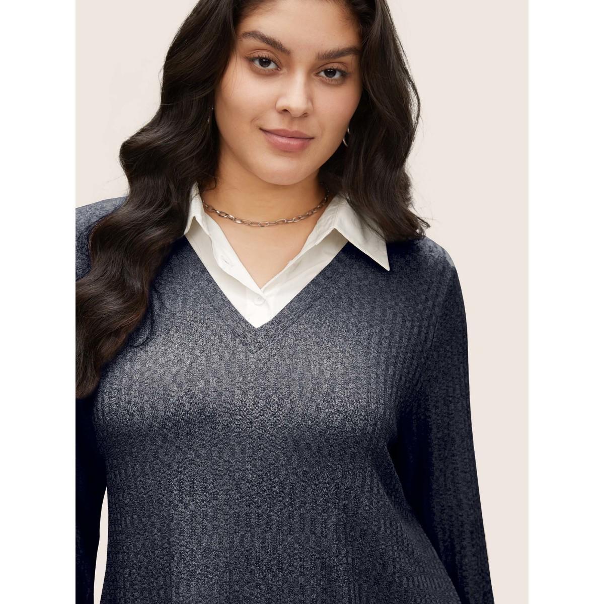 Plus Size 2-In-1 Patchwork Shirt Collar Sweatshirt Women Indigo At the Office Contrast Shirt collar Work Sweatshirts BloomChic 26/4X Product Image