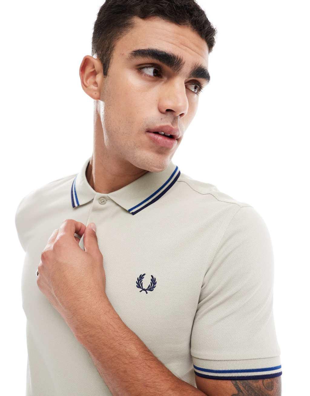 Fred Perry twin tipped polo shirt in ecru and blue Product Image