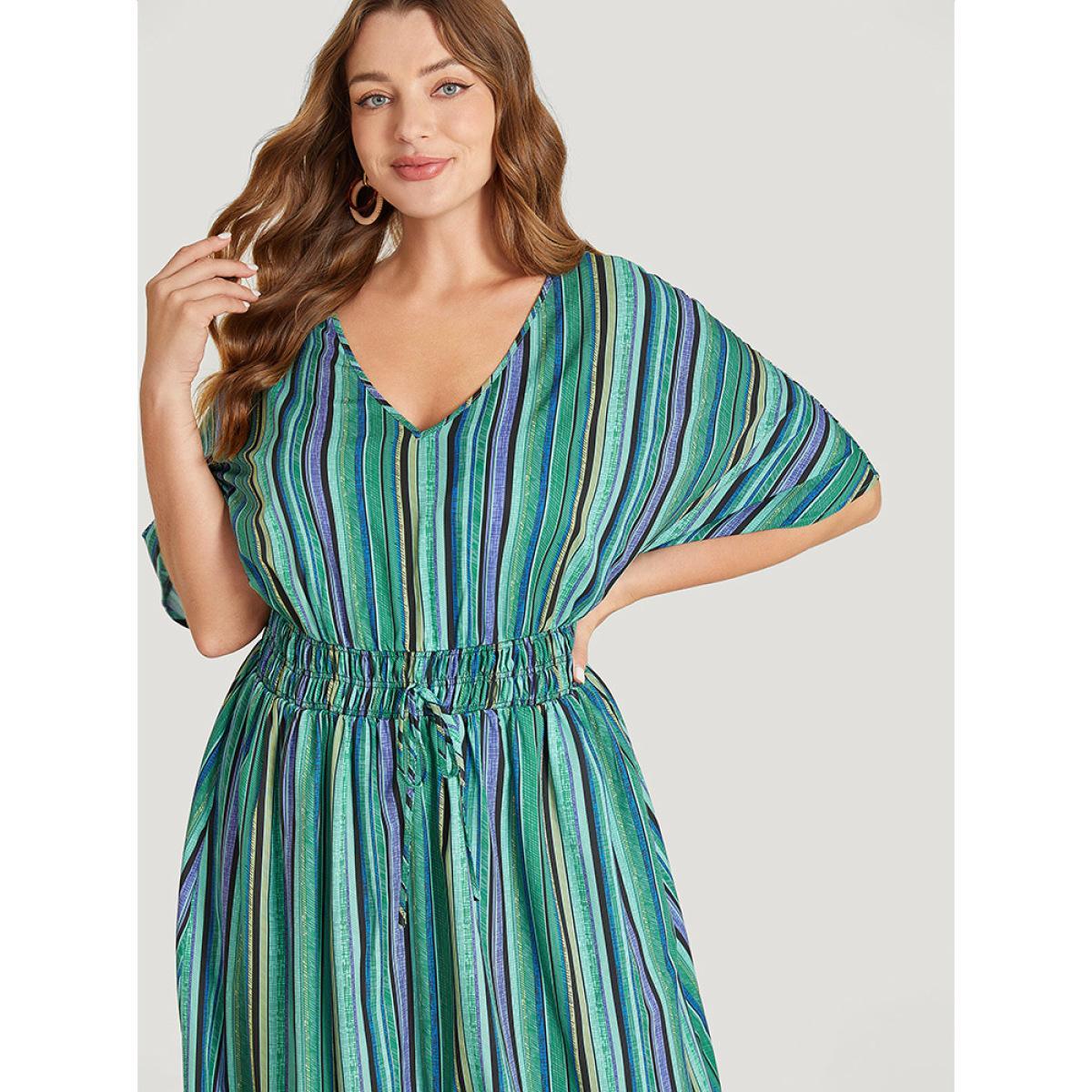 Plus Size Striped Contrast Pocket Knot Shirred Batwing Sleeve Dress Green Women Vacation Gathered V-neck Short sleeve Curvy Midi Dress BloomChic 26/4X Product Image