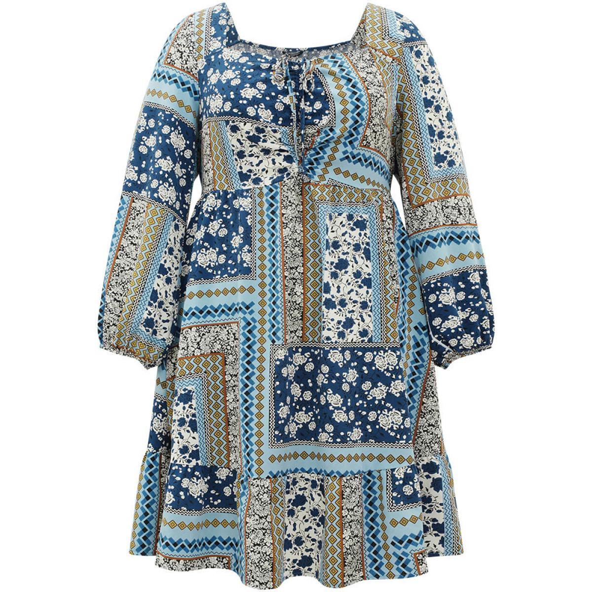 Plus Size Bandana Print Patchwork Ties Pocket Lantern Sleeve Dress Stone Women Vacation Elastic cuffs Square Neck Long Sleeve Curvy Midi Dress BloomChic 14-16/1X Product Image