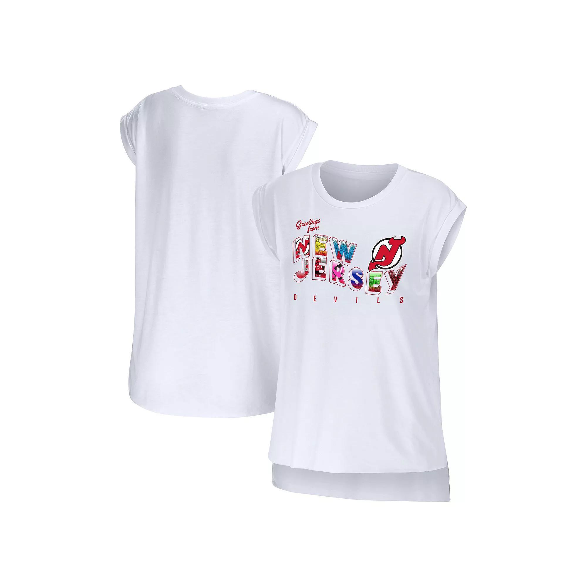 Women's WEAR by Erin Andrews White New Jersey Devils Greetings From Muscle T-Shirt, Size: Small, Nhl White Product Image