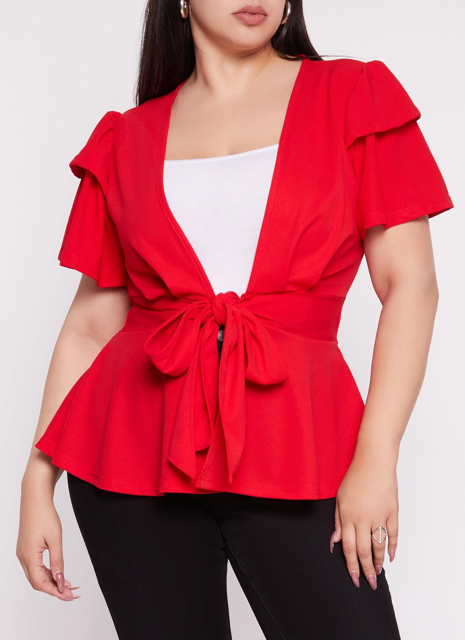 Womens Plus Size Tiered Sleeve Tie Front Peplum Top Product Image
