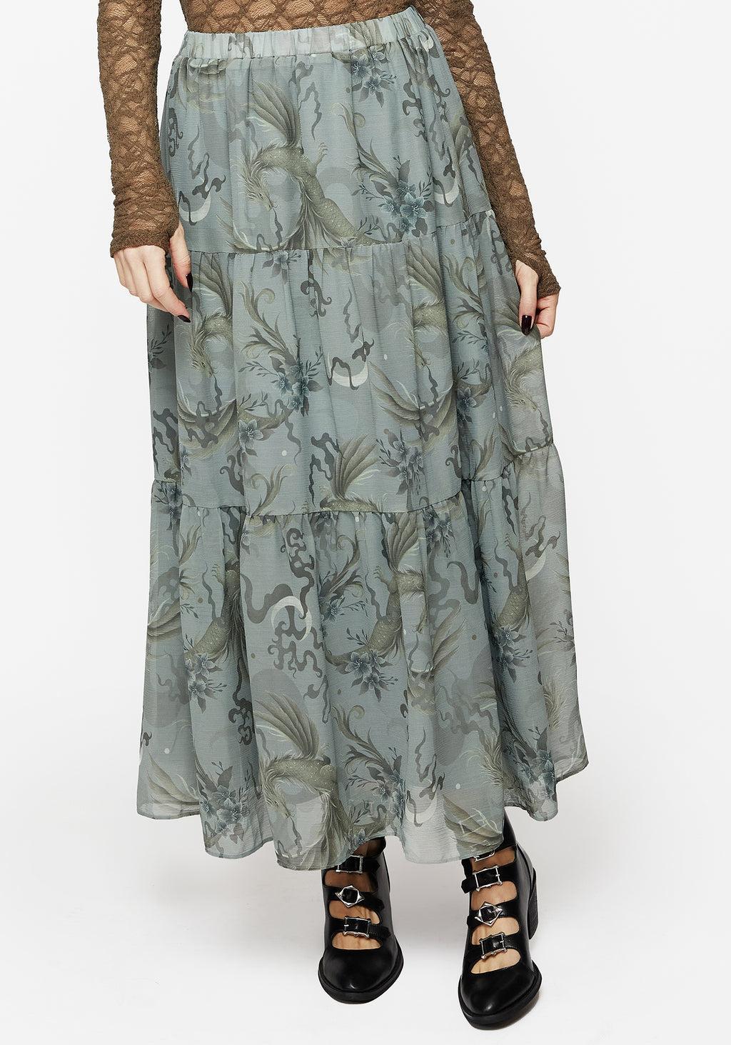 Sapphira Dragon Print Chiffon Tiered Maxi Skirt Product Image