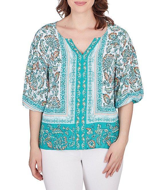 Ruby Rd. Woven Swiss Dot Print Split Round Neck 3/4 Sleeve Top Product Image
