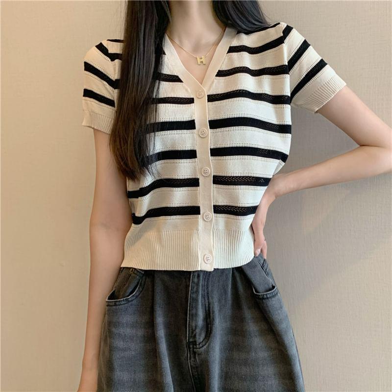 Short-Sleeve V-Neck Striped Cardigan Product Image