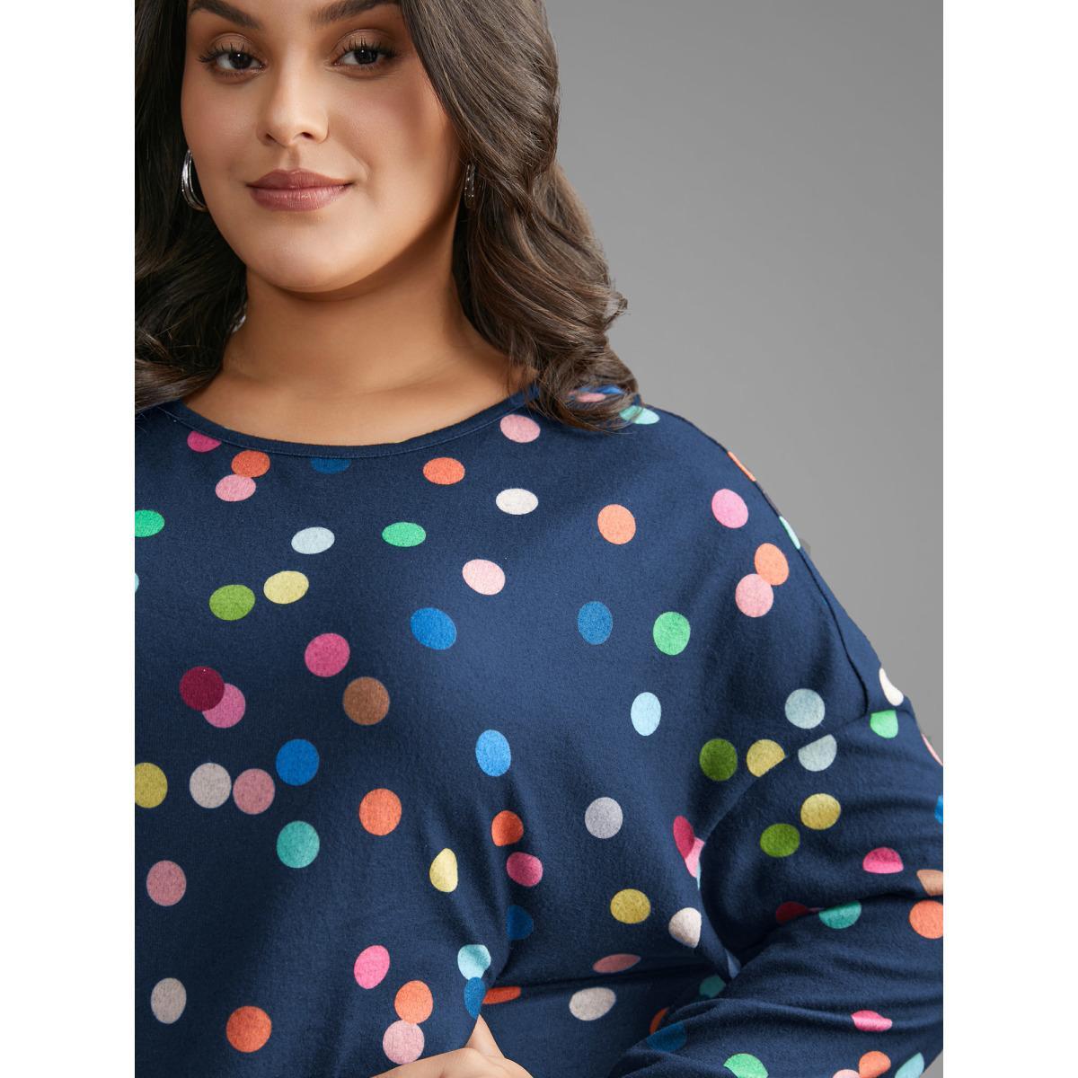 Plus Size Color Polka Dot Drop Shoulder T-shirt DarkBlue Women Casual Contrast Round Neck Everyday T-shirts BloomChic 12/L Product Image