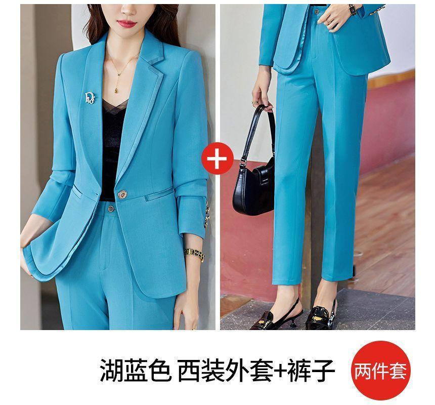 Notch Lapel Plain Asymmetrical Single Breasted Blazer / High Rise Cropped Straight Leg Suit Pants / Set Product Image