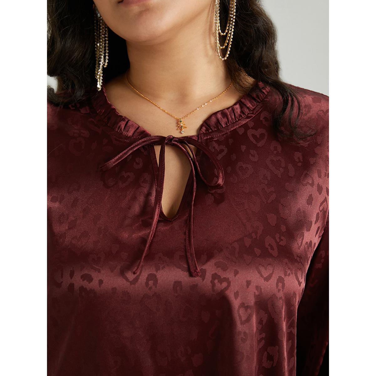 Plus Size Scarlet Solid Knot Neck Frill Trim Flutter Sleeve Blouse Women Glamour Long Sleeve Tie Neck Festival-Christmas Blouses BloomChic 30/6X Product Image