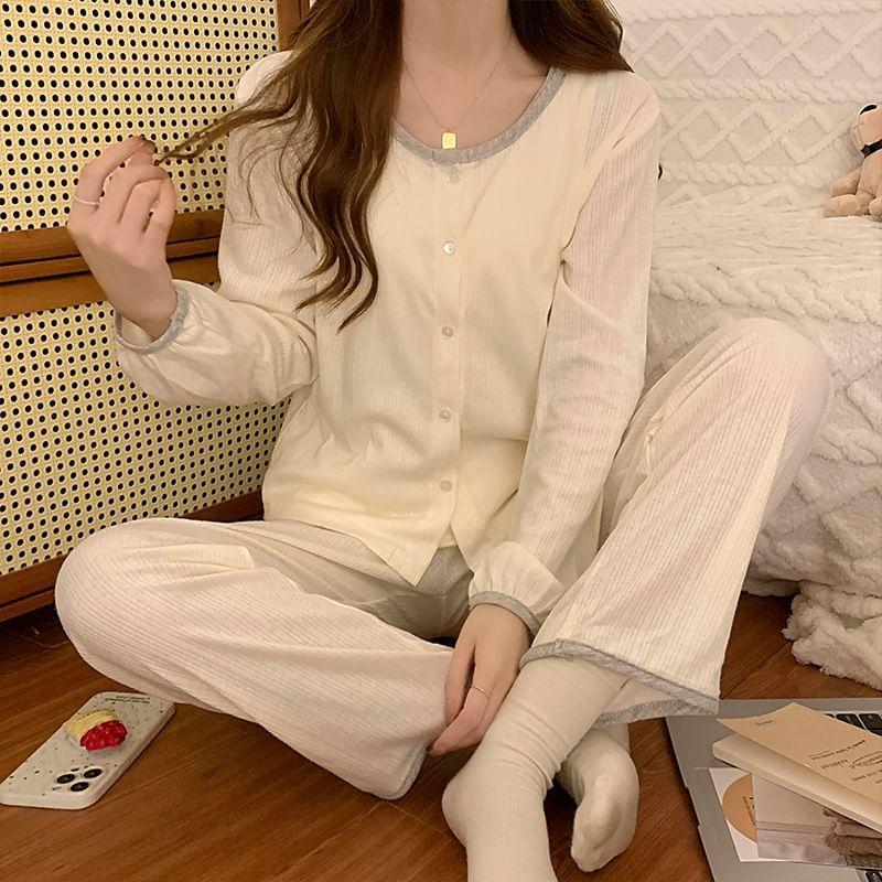 Pajama Set: Round Neck Contrast Trim Padded Tank Top + Long Sleeve Button Top + Straight Leg Pants Product Image