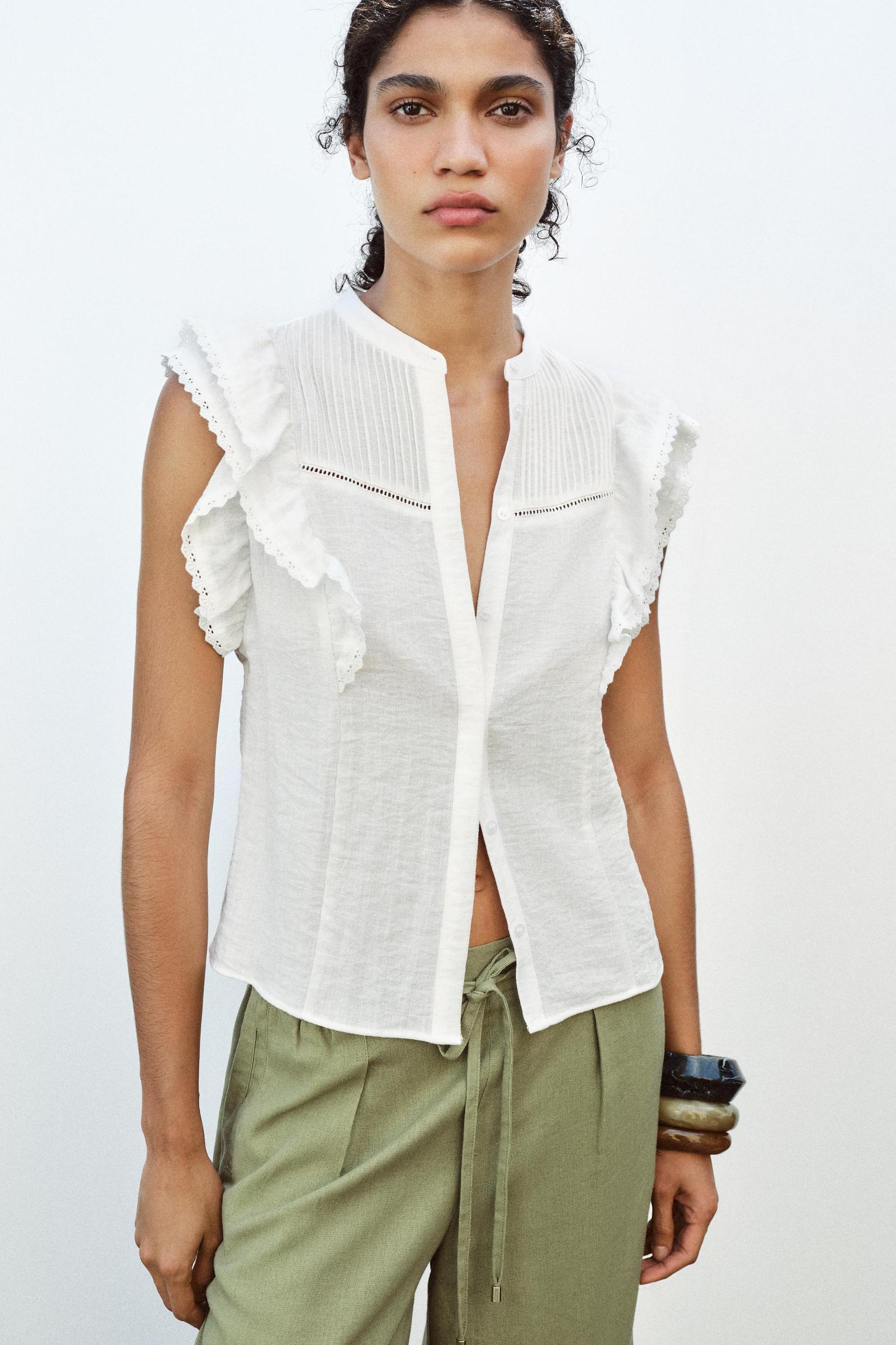 LACE INSERT RUFFLE BLOUSE Product Image