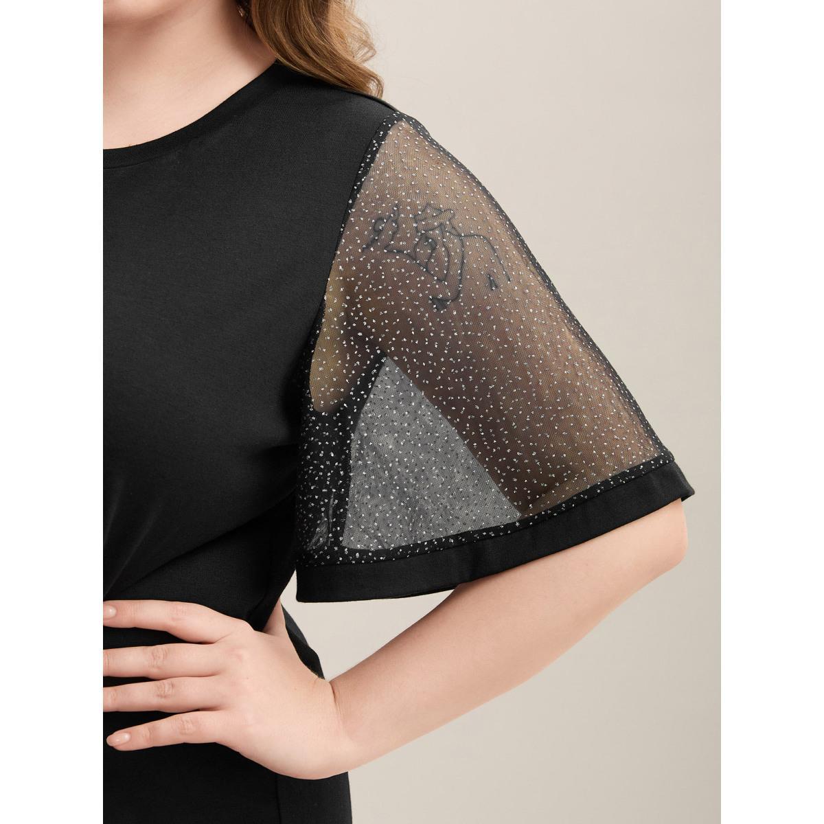 Plus Size Sheer Luxe Mesh Sleeve Round Neck T-Shirt Black Women Elegant See through Round Neck Everyday T-shirts BloomChic 10/M Product Image