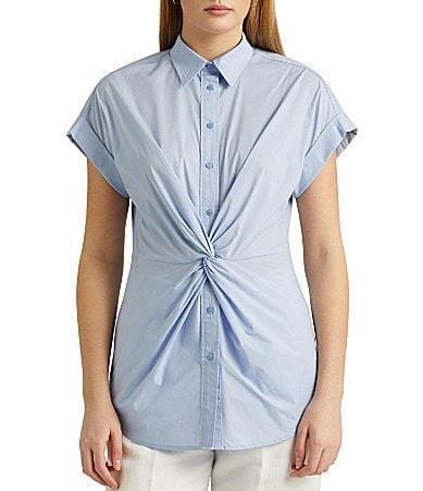 Lauren Ralph Lauren Twist-Front Cotton Short Sleeve Shirt (Pebble Blue) Women's Clothing Product Image