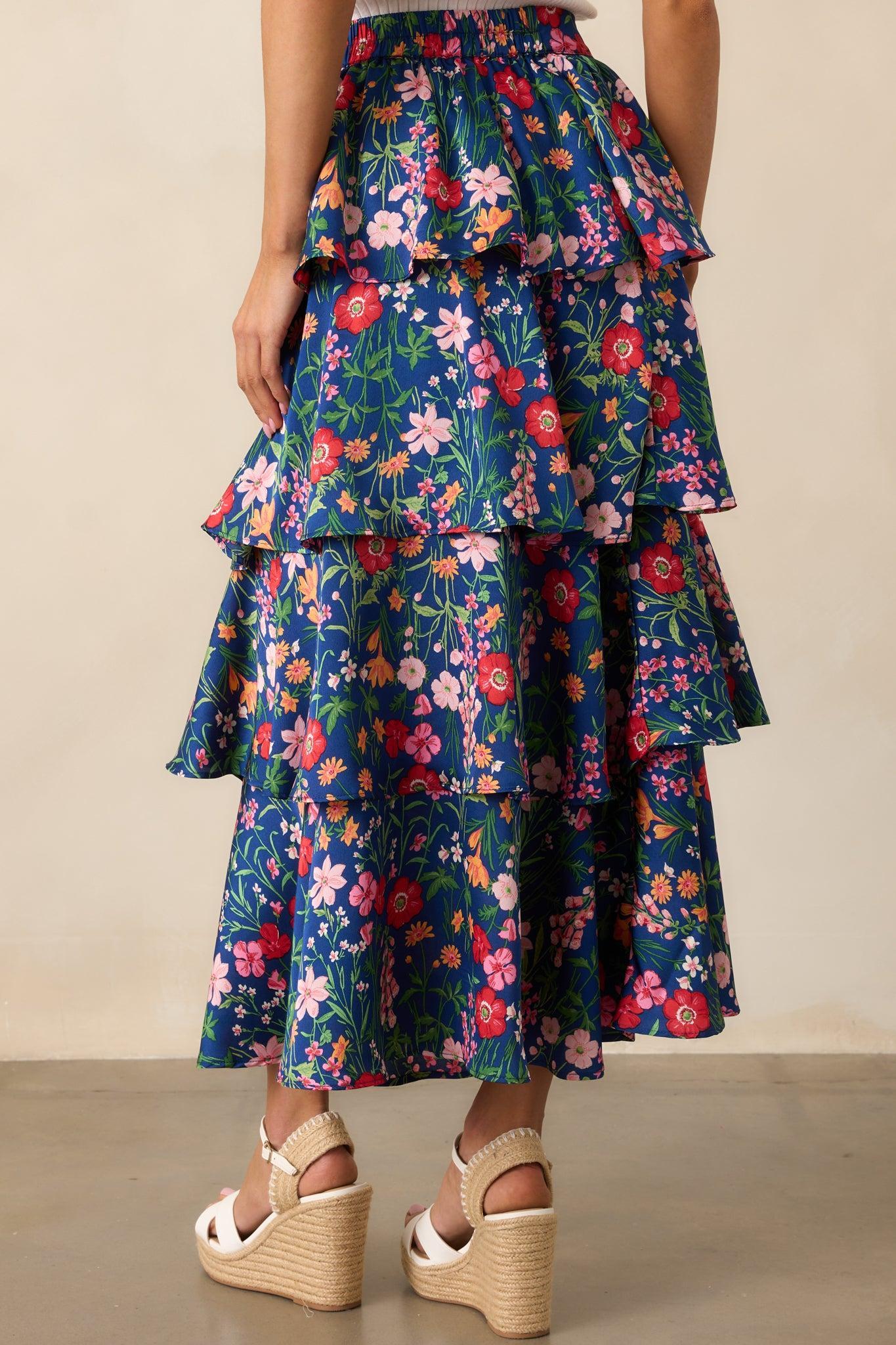 All The Right Things Navy Floral Tiered Maxi Skirt Product Image