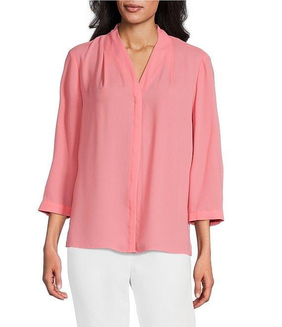 Investments Petite Size Caroline Signature V-Neck 3/4 Sleeve Button Front Blouse Product Image
