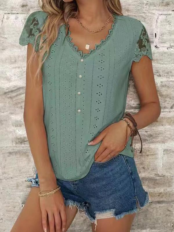 Loose Short Sleeves Buttoned Hollow Mesh Split-Joint V-Neck T-Shirts Tops Product Image