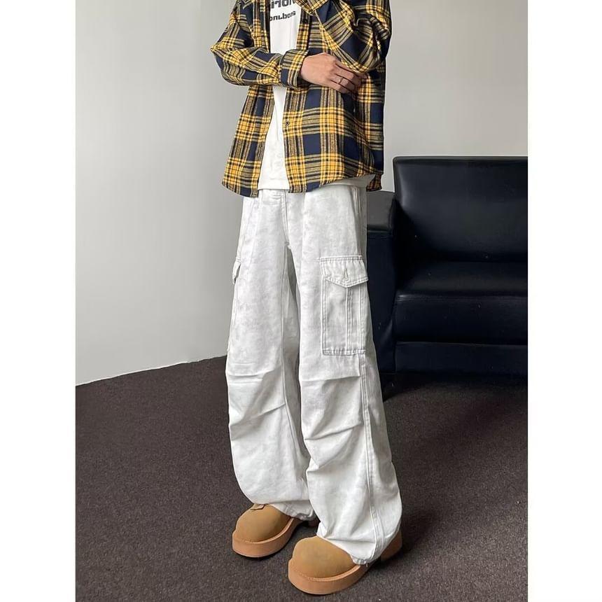 Mid Rise Tie Dye Wide Leg Cargo Jeans Product Image