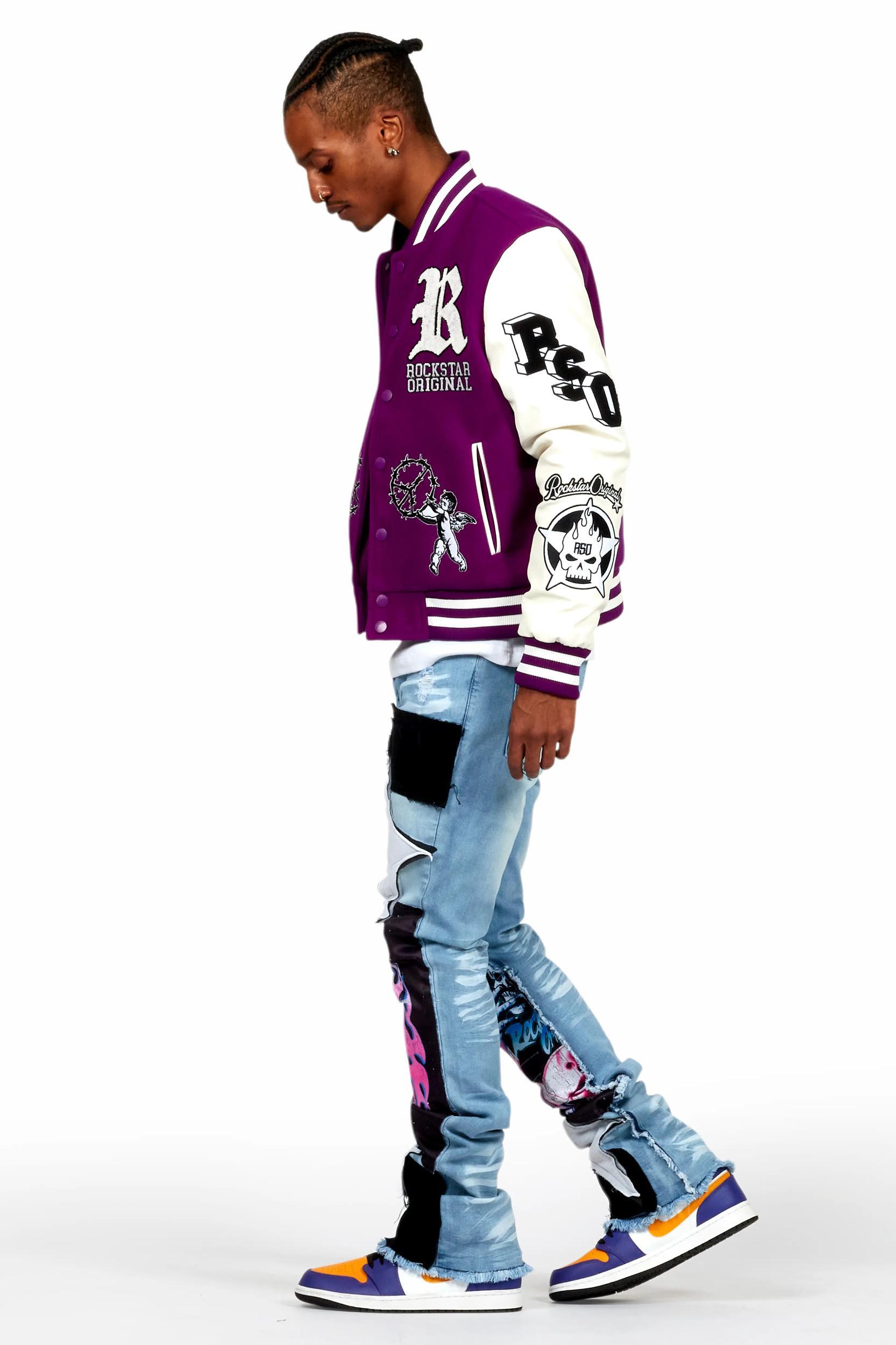 Helios Blue Patchwork Stacked Flare Jean Male Product Image