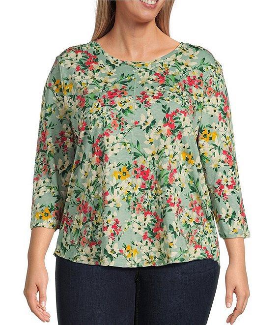 Westbound Plus Size Bundle Floral 3/4 Sleeve Knit Crew Neck Top Product Image