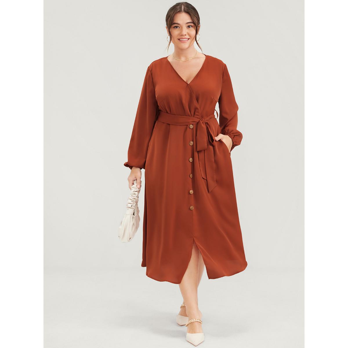Plus Size Plain Lantern Sleeve Pocket Button Belted Split Front Wrap Dress Chocolate Women Office Button V-neck Long Sleeve Curvy Midi Dress BloomChic 30/6X Product Image