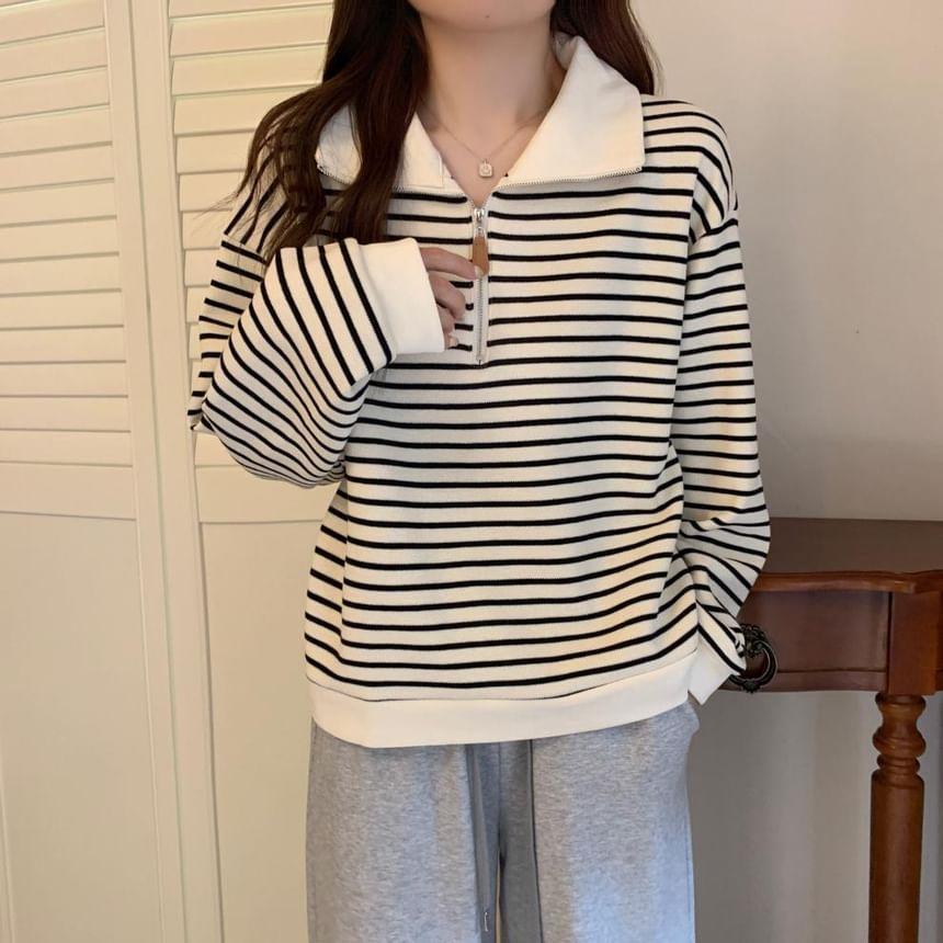 Contrast Collar Striped Half-Zip Pullover Product Image