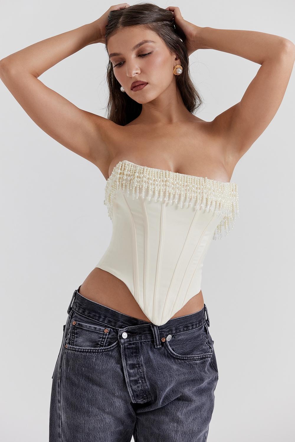 Aubrie Vintage Cream Embellished Satin Corset Product Image