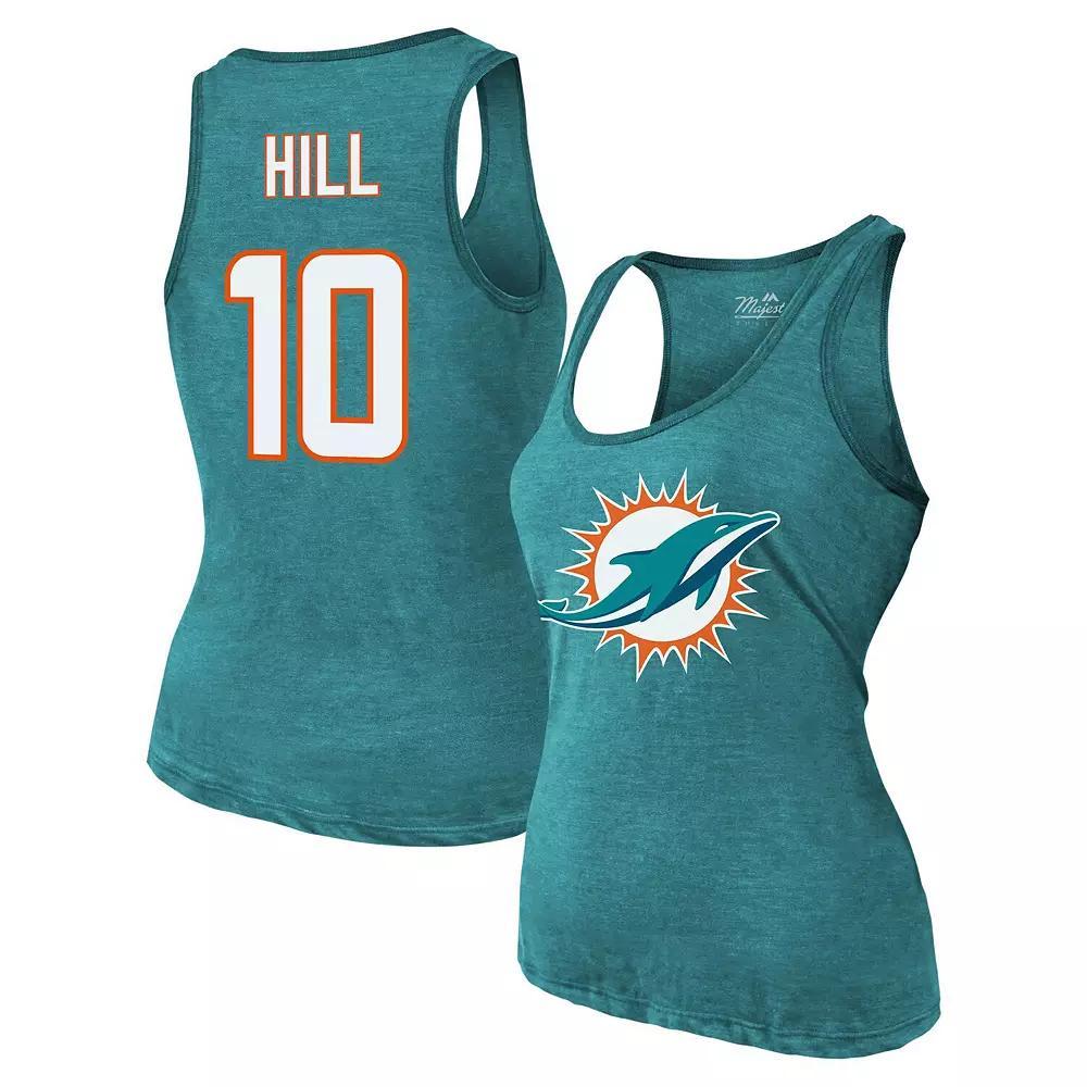 Women's Majestic Threads Tyreek Hill Aqua Miami Dolphins Name & Number Tri-Blend Tank Top, Size: XL, Turquoise A Product Image