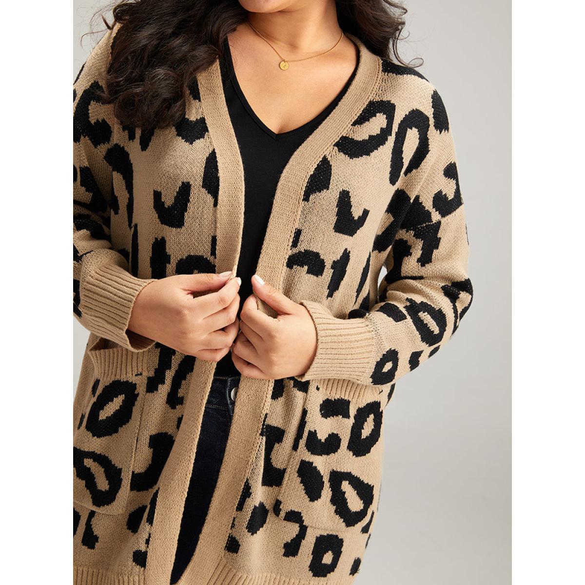 Plus Size Leopard Elastic Cuffs Drop Shoulder Cardigan Leopard Women Casual Loose Long Sleeve Everyday Cardigans BloomChic 26/4X Product Image
