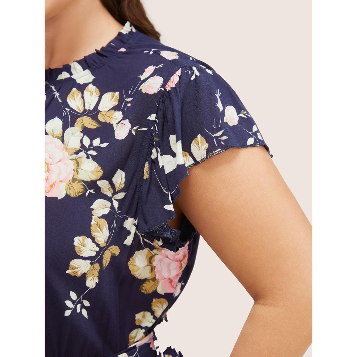 Plus Size Floral Frill Trim Mock Neck Pocket Ruffle Belted Cap Sleeve Dress DarkBlue Women Elegant Non Round Neck Short sleeve Curvy Midi Dress BloomChic 10/M Product Image