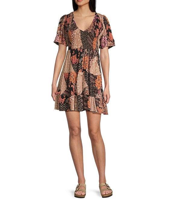 Angie Mixed-Media V-Neck Short Sleeve Tiered Dress Product Image