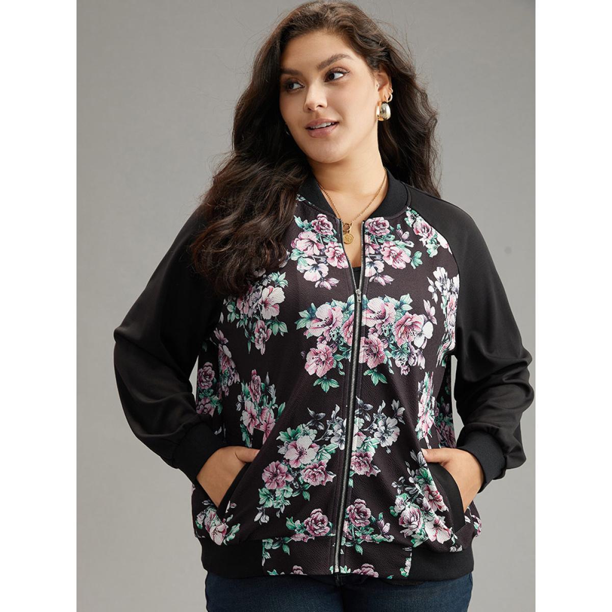 Plus Size Floral Patchwork Zipper Pocket Jacket Women BlackFlower Elastic cuffs Pocket Everyday Jackets BloomChic 26/4X Product Image