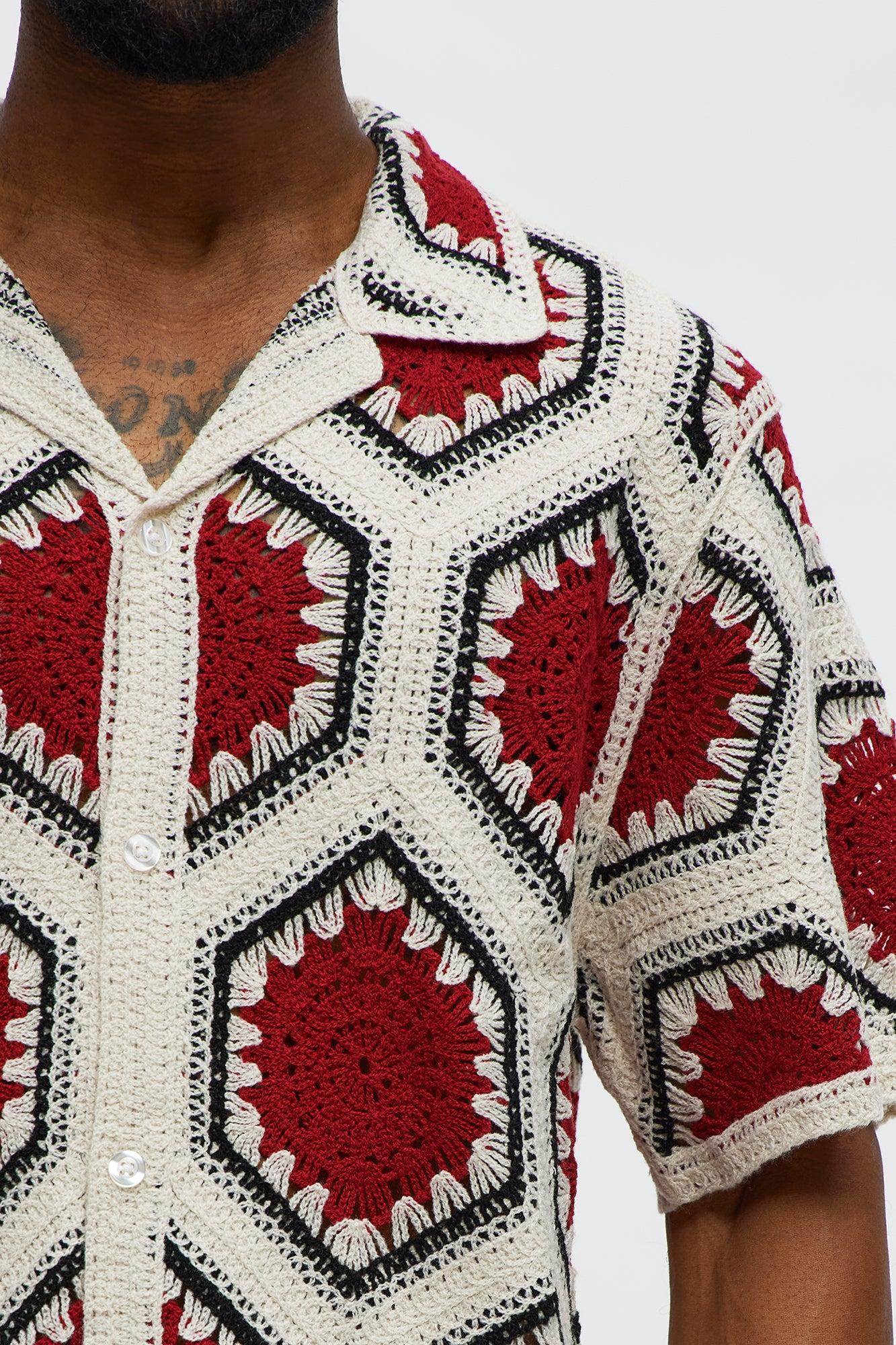 Vacay Vibes Crochet Button Up Shirt - Red/combo Male Product Image