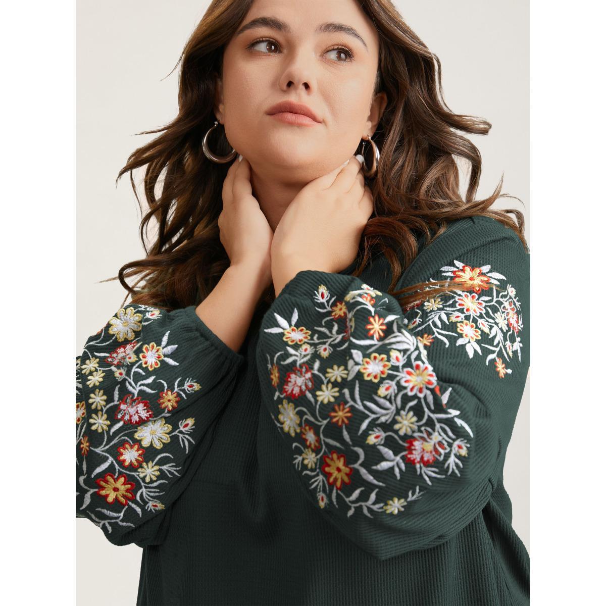Plus Size Waffle Knit Floral Embroidered Lantern Sleeve T-shirt DarkGreen Women Elegant Texture Floral Round Neck Everyday T-shirts BloomChic 26/4X Product Image