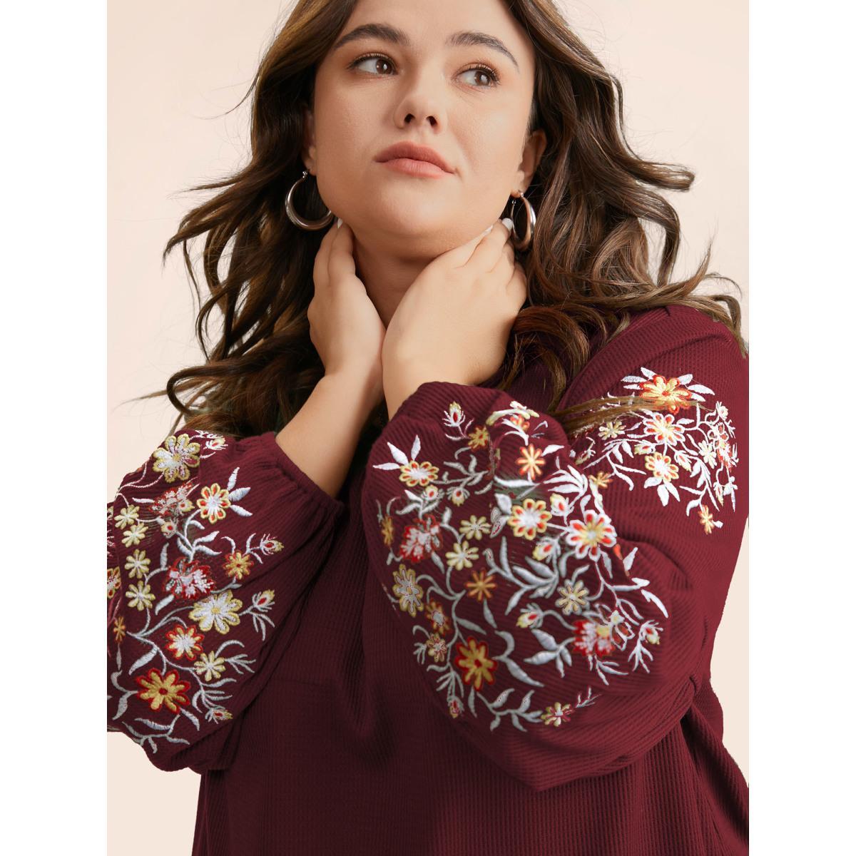 Plus Size Waffle Knit Floral Embroidered Lantern Sleeve T-shirt Burgundy Women Elegant Texture Floral Round Neck Everyday T-shirts BloomChic 12/L Product Image