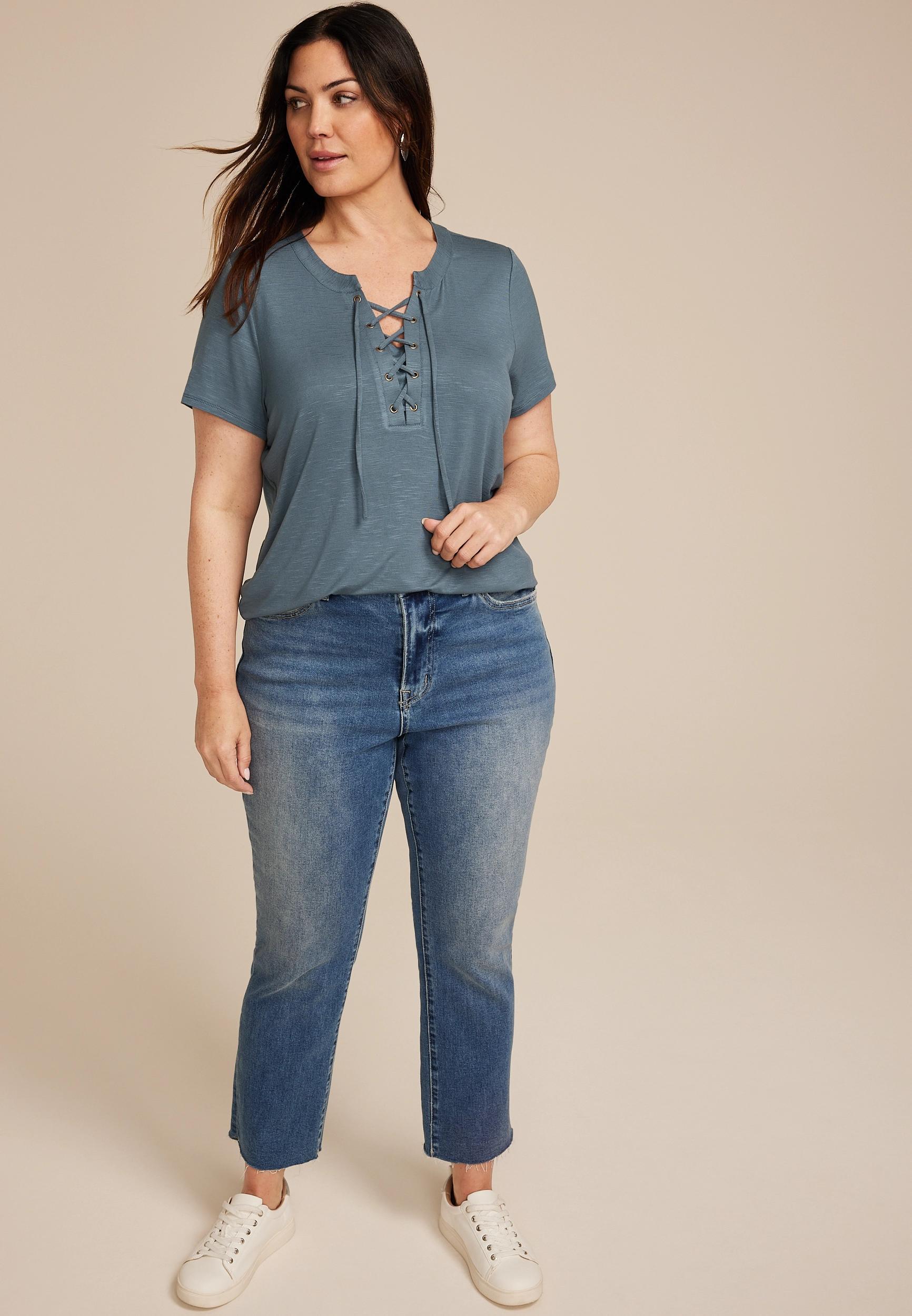 Maurices 1X Plus Size Womens Lattice Front Short Sleeve Tee Product Image