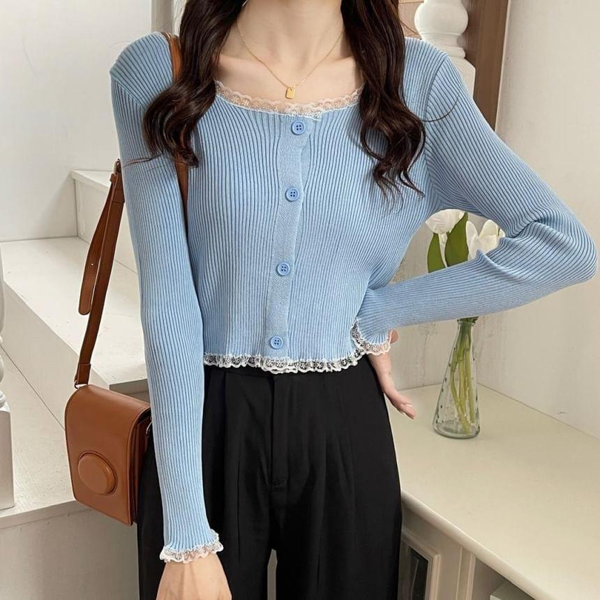Long Sleeve Scoop Neck Plain Lace Trim Crop Cardigan Product Image