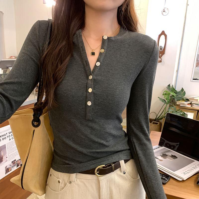 Long-Sleeve Crew Neck Plain Half-Buttoned Slim Fit Tee Product Image
