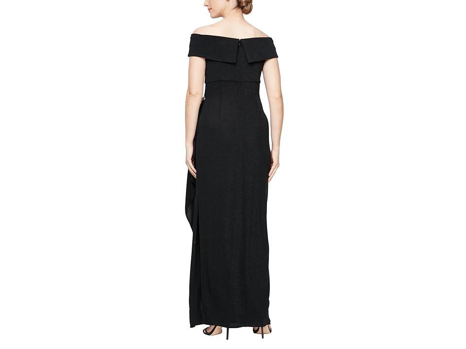 Alex Evenings Long Metallic Knit Off-the-Shoulder Dress w/Hip Embellishment Women's Dress Product Image