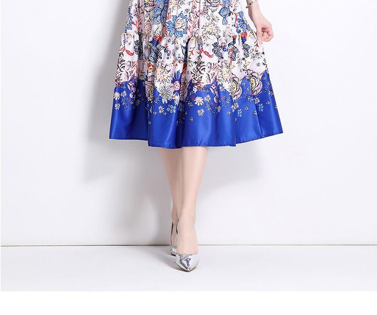 Cap Sleeve Collared Floral Print Belted Midi A-Line Dress Product Image