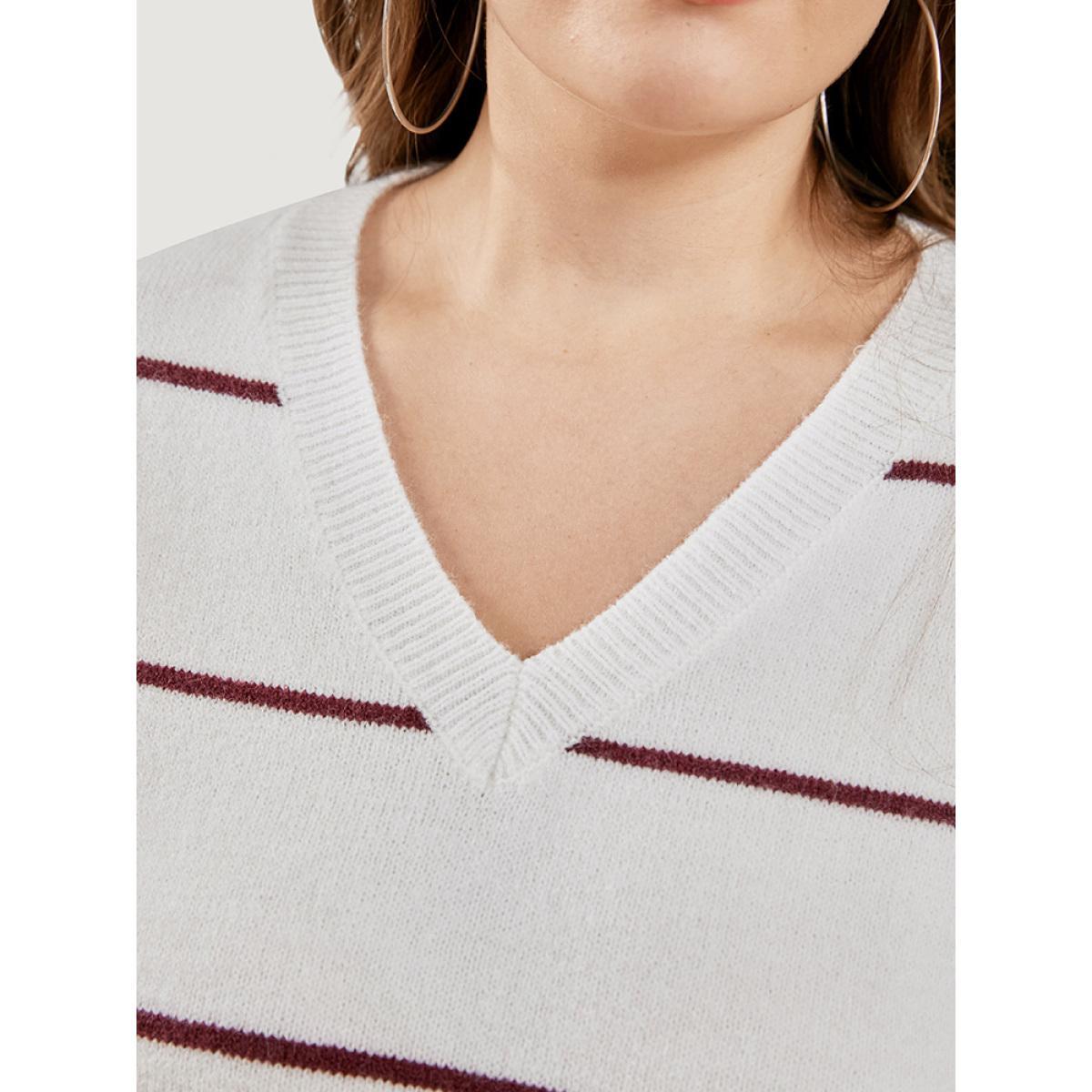Plus Size Striped Contrast Super Soft Plush Knit V Neck Knit Top Ivory Women Casual Loose Long Sleeve V-neck Dailywear Pullovers BloomChic 26/4X Product Image