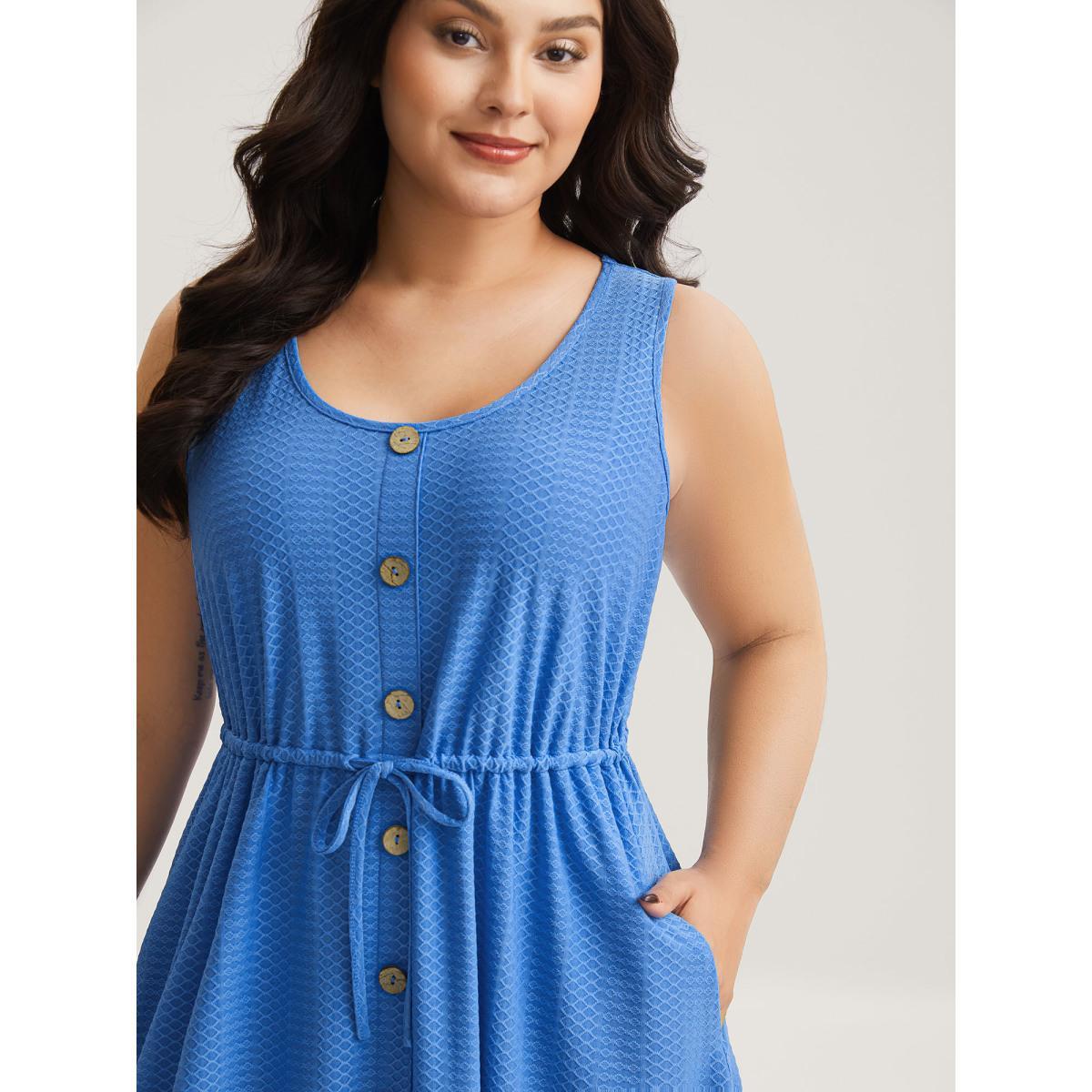 Plus Size Textured Waist Drawstring Pockets Midi Dress Skyblue Women U-neck Sleeveless Curvy BloomChic 28/5X Product Image